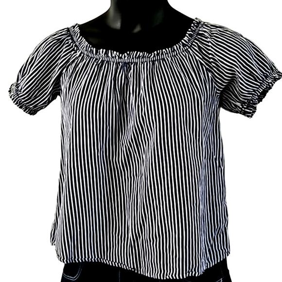 Excellent Active USA Blue White Striped Puff Sleeve Blouse Women’s Size Large - Picture 3 of 6